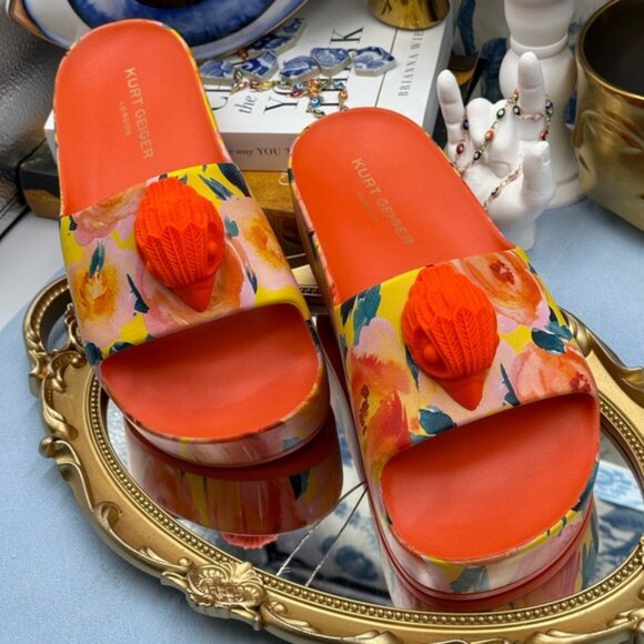 🆕 KURT GEIGER LONDON 🧿 NWOB Eagle Chunky Rubber Slide, Orange Floral, Sz US 7 - Picture 5 of 14